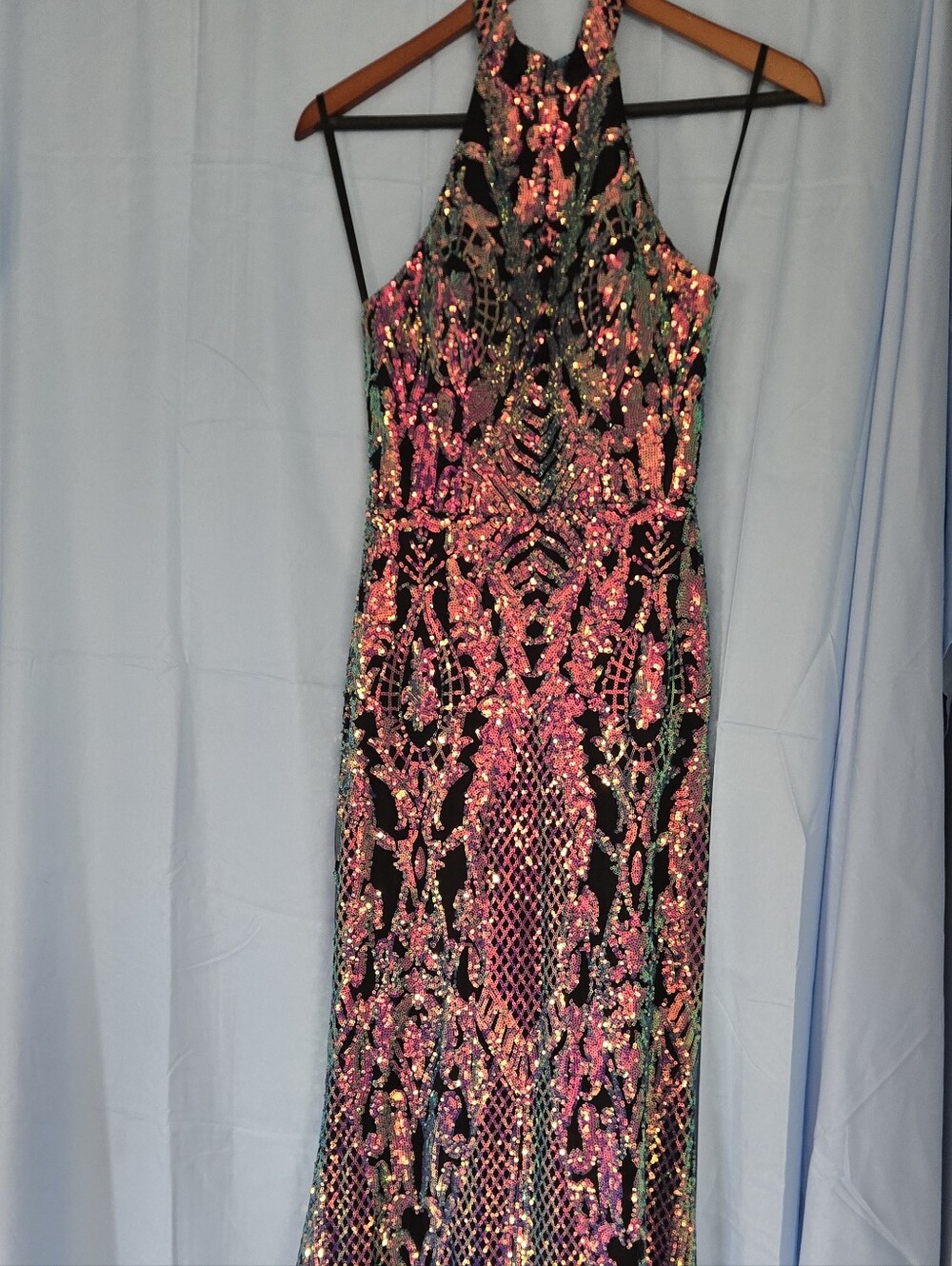 City Vibe Black Sequin Halter Evening Dress with Multicolor Embellishment